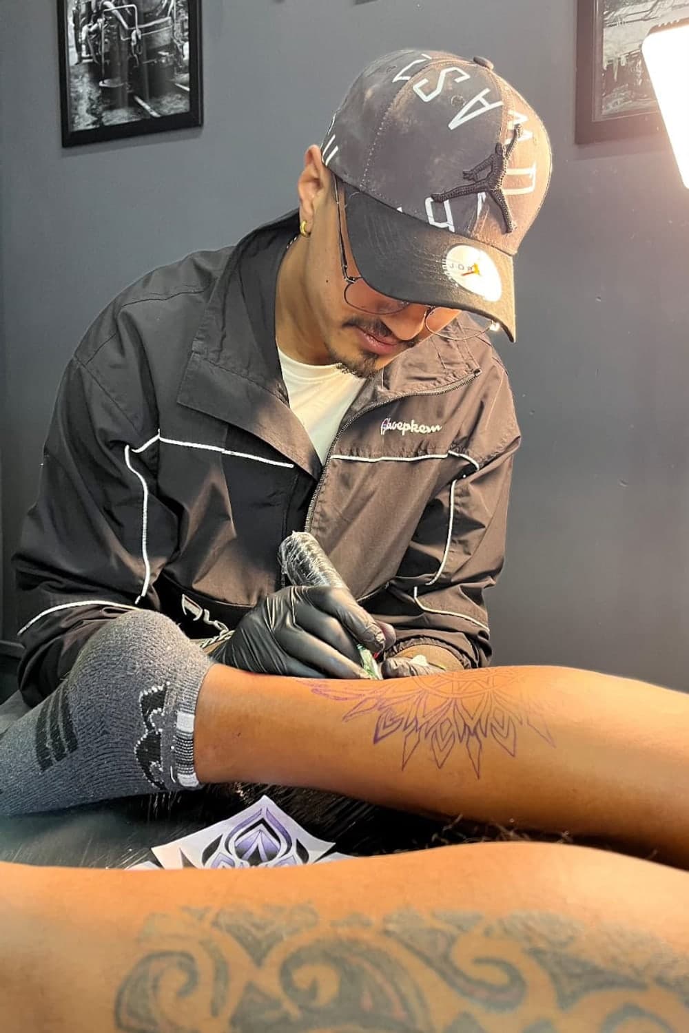 Ornamental mandala leg piece being worked in the studio